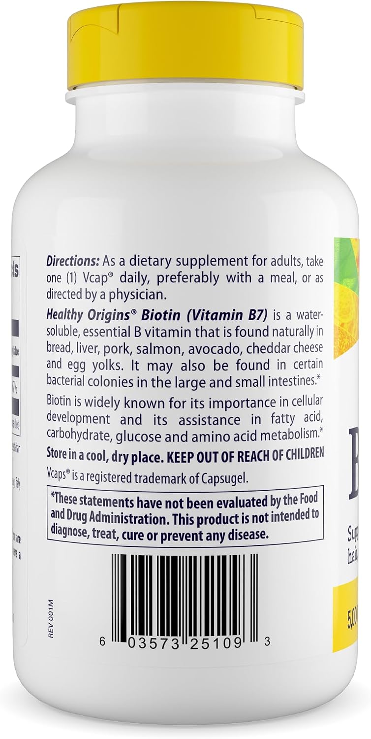 Healthy Origins Biotina 5.000 mcg (5 mg), 360 Cápsulas Vegetales - Complemento de Vitamina B7 de Alta Potencia - Grado USP - No Transgénico, Vegano y Sin Gluten