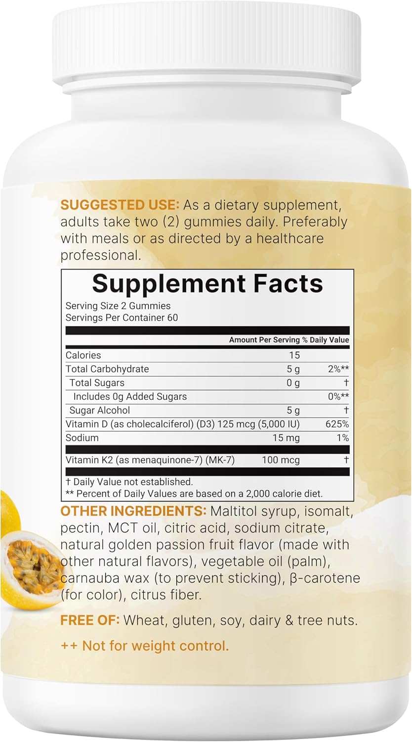 Micro Ingredients Vitamina D3 K2 Gummies, 120 unidades | 5.000 UI Vitamina D + 100 mcg K2 MK-7 | Gominolas sin azúcar sabor maracuyá | No GMO, Sin Gluten