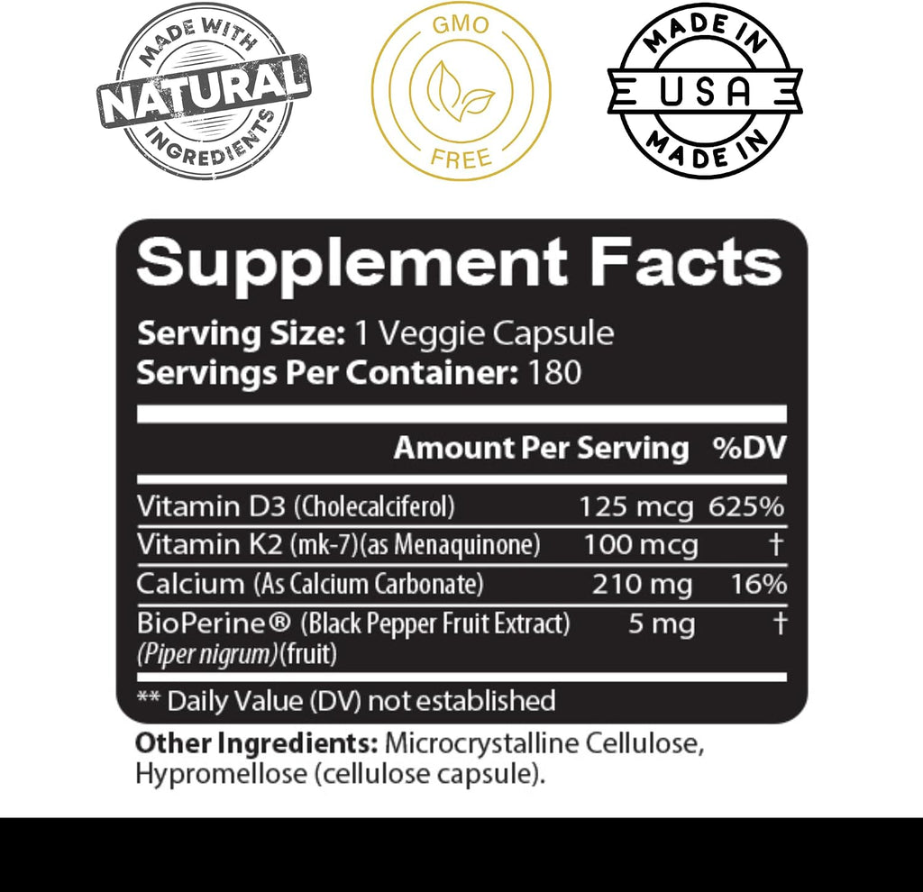 Kaya Naturals Vitaminas K2 con D3 5000IU Suplemento para Hombres y Mujeres - Cápsulas Fáciles de Tragar con Bioperina (180 Cápsulas)
