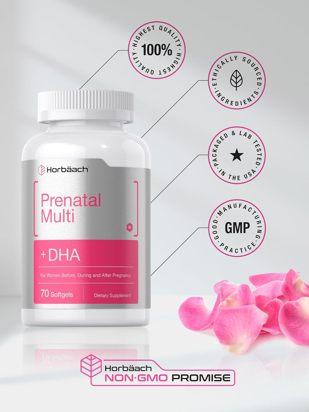 Horbäach Women's Prenatal Multivitamin with DHA, Iron and Folic Acid - 70 Softgels