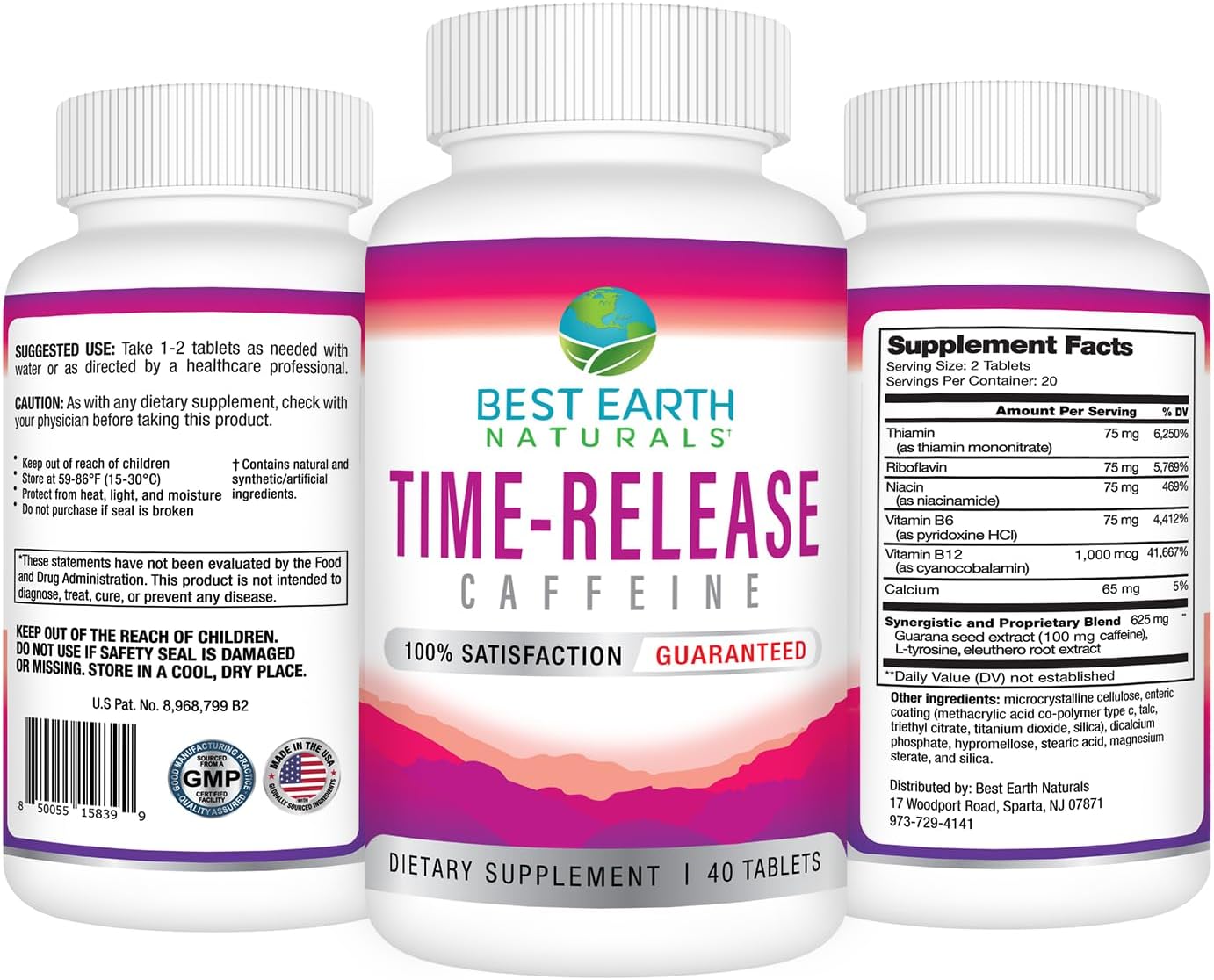 Best Earth Naturals Time Release Caffeine with L-Tyrosine, Vitamin B6, Vitamin B12, Thiamin & More - Suplemento Energético - 40 Comprimidos