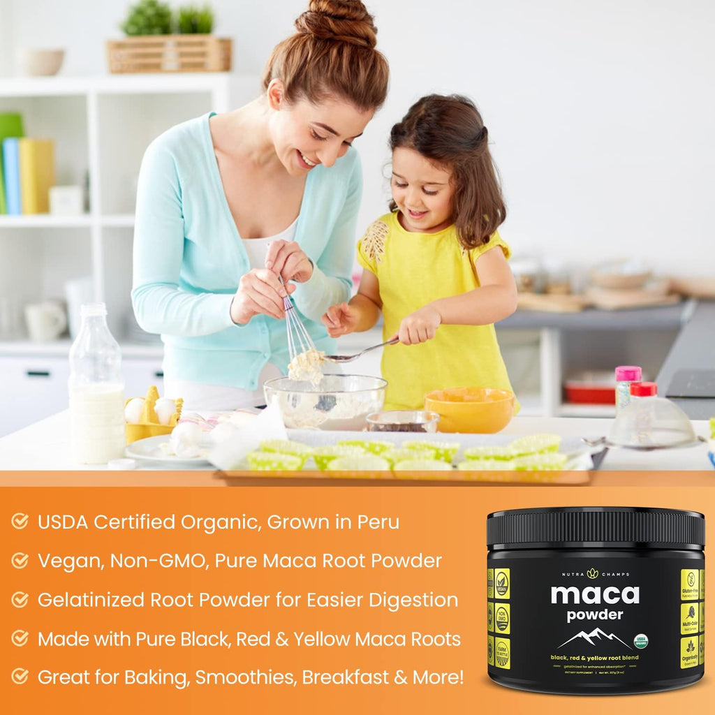 Maca Orgánica en Polvo - Mezcla Peruana de Raíces Amarillas, Negras y Rojas - Gelatinizada para Mayor Biodisponibilidad - Natural, Vegana y No-GMO, 227g