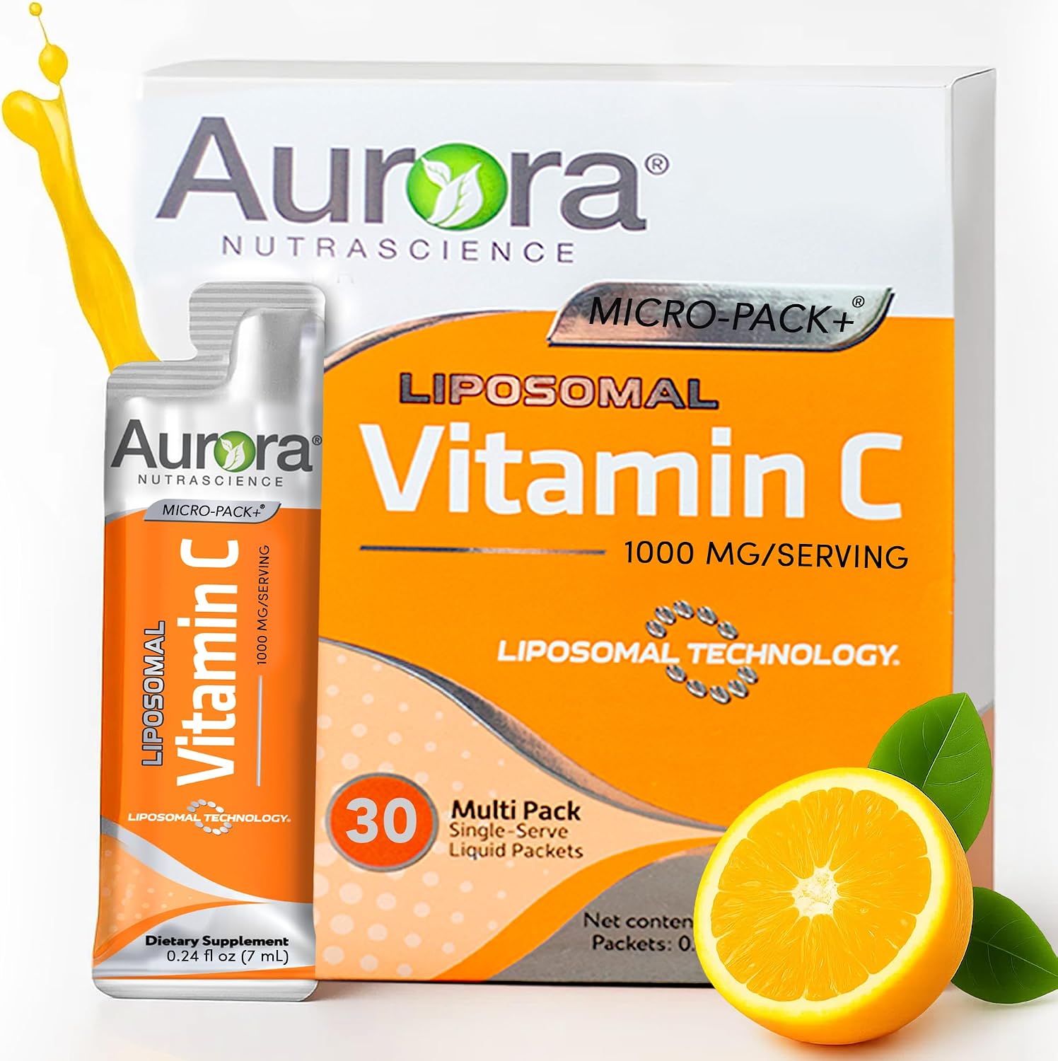 Aurora Nutrascience Vitamina C Liposomal Líquida - 1000 mg, 30 Sobres Monodosis, Sabor Naranja