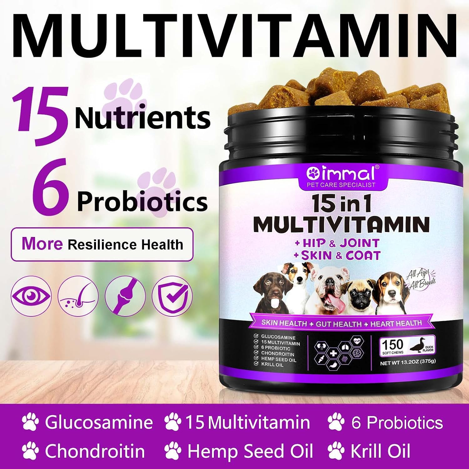 Masticables Multivitamínicos 15 en 1 para Perros con Glucosamina y Probióticos – 150 unidades