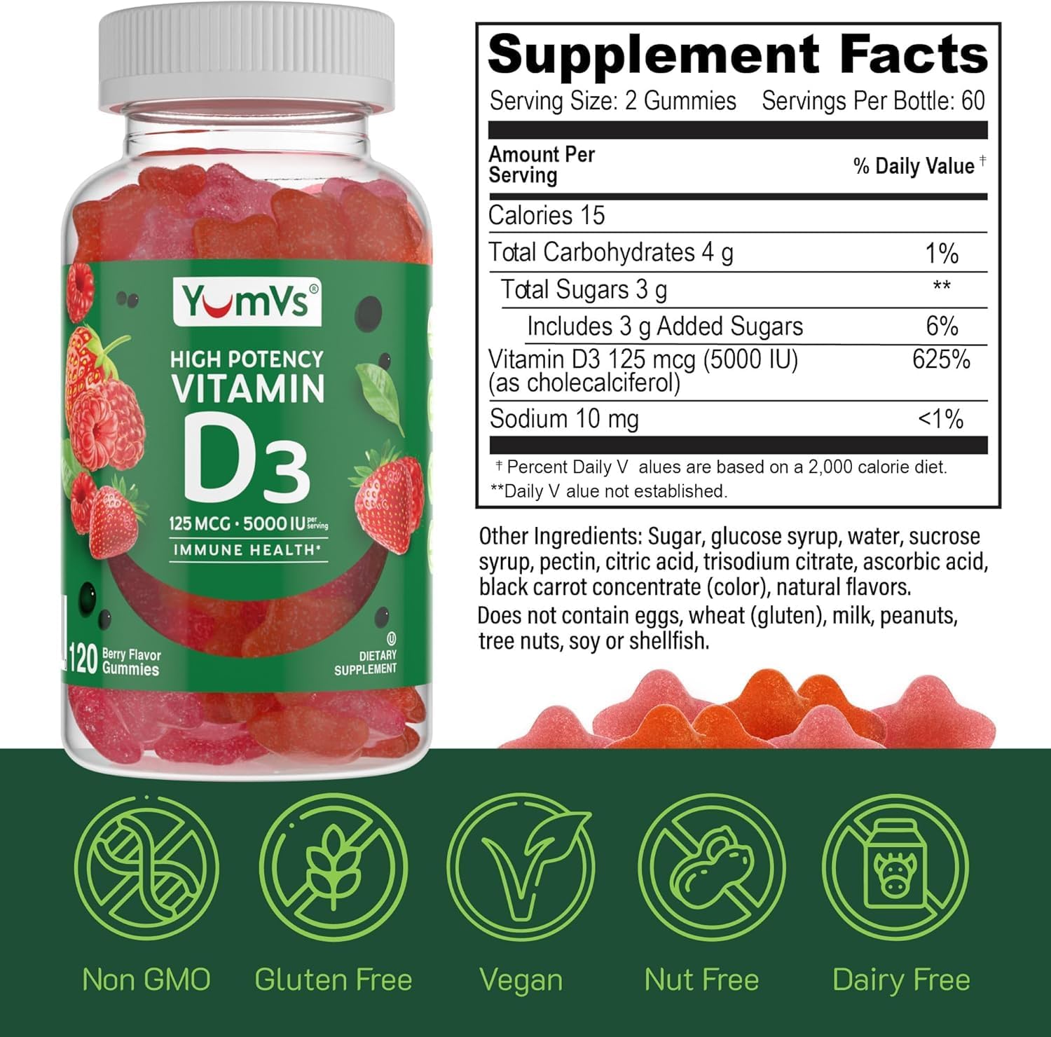 YUM-V'S Vitamina D3 Gummies 5000 IU – 60 Gominolas