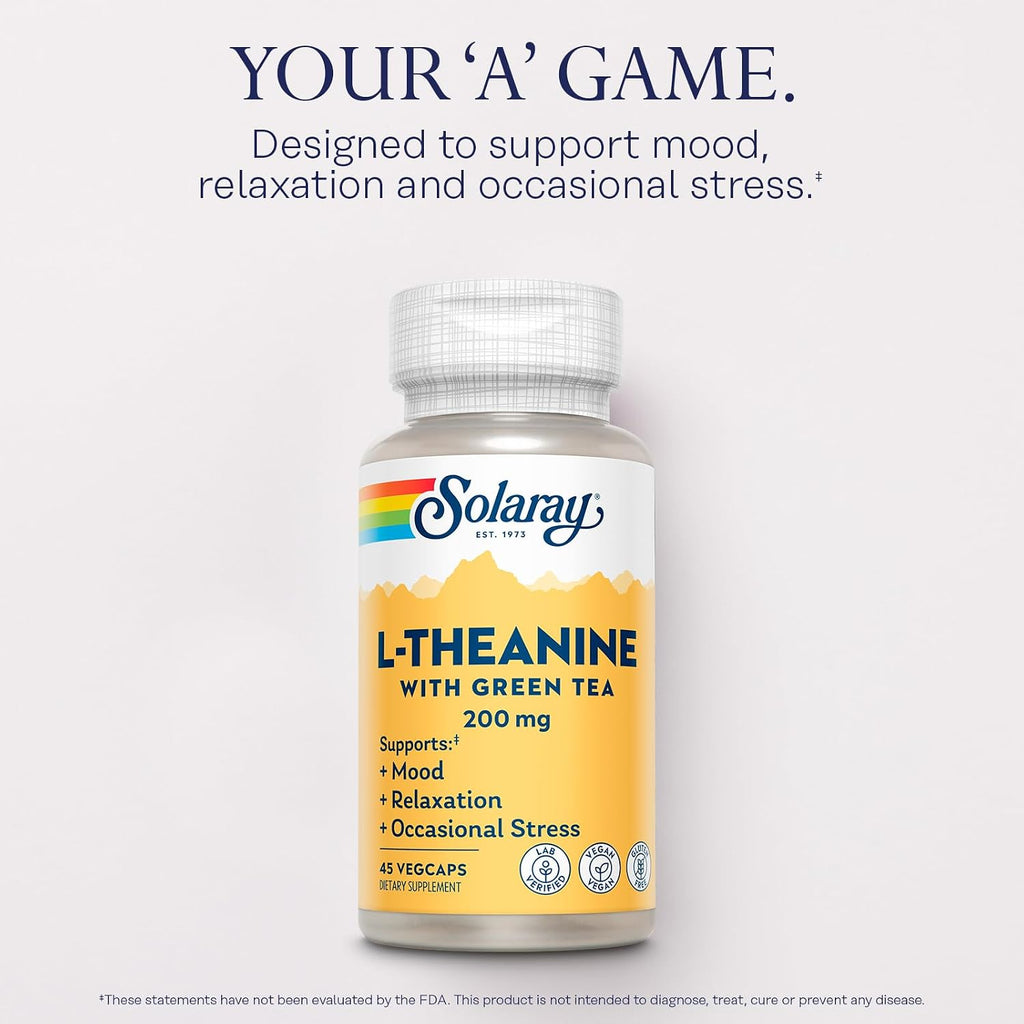 SOLARAY L-Theanine 200mg with Green Tea – Mood, Relaxation & Occasional Stress Support – 45 Vegan Capsules