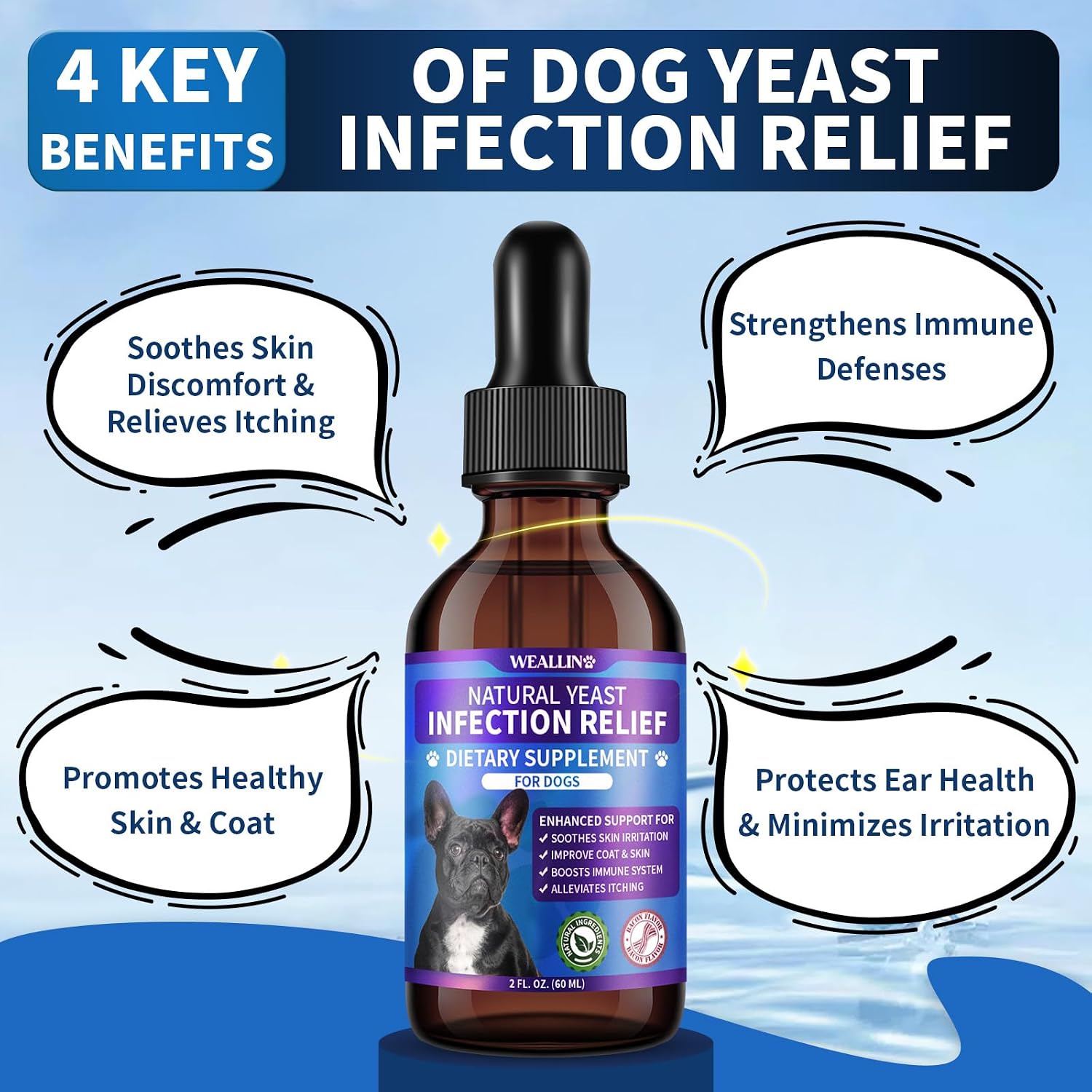 Tratamiento Natural contra Levaduras para Perros | Gotas con Probióticos y Mezcla de 8 Hierbas | Apoya Piel, Oídos y Alivio de Alergias | Sabor a Bacon