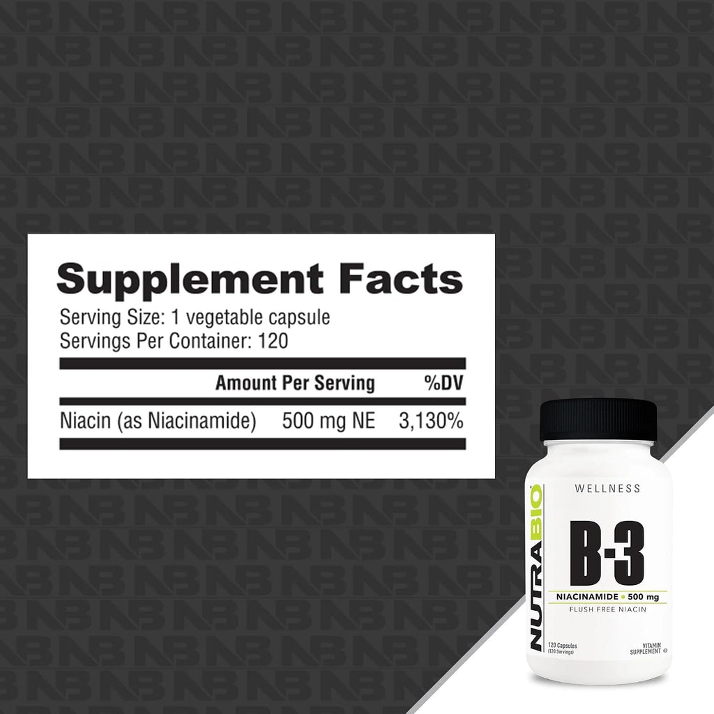 NutraBio Niacinamide 500 mg - 120 Vegetable Capsules - Flush Free