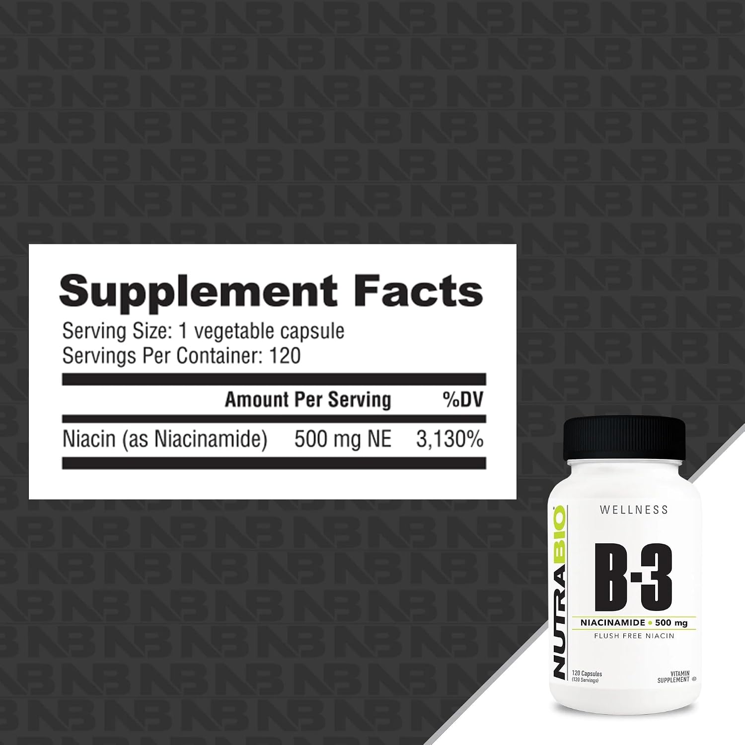 NutraBio Niacinamide 500 mg - 120 Vegetable Capsules - Flush Free