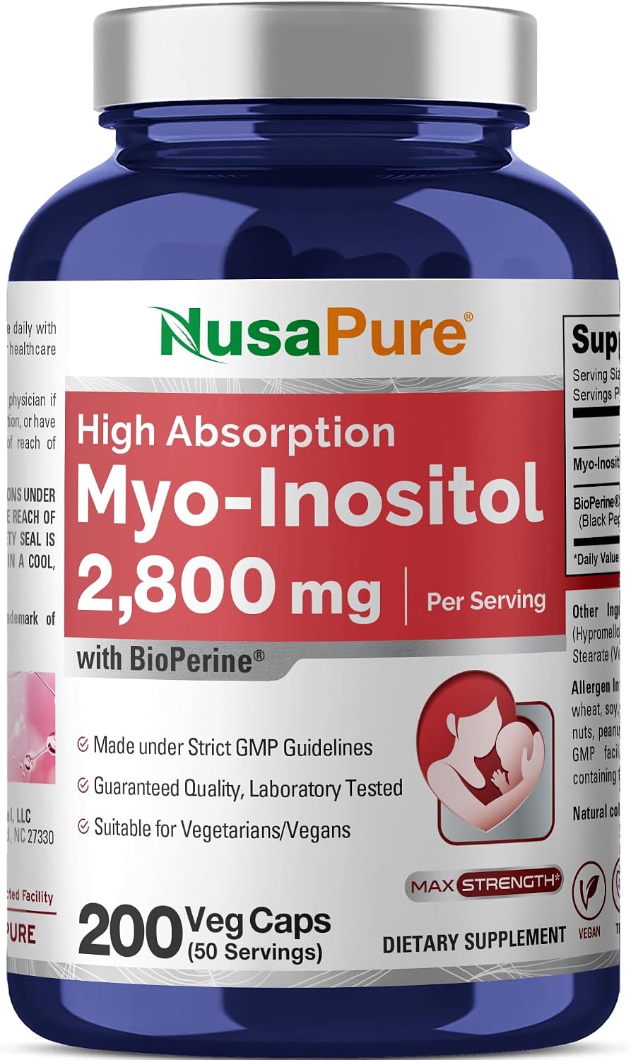 NusaPure Myo-Inositol 2800 mg con BioPerina - 200 Cápsulas Veganas