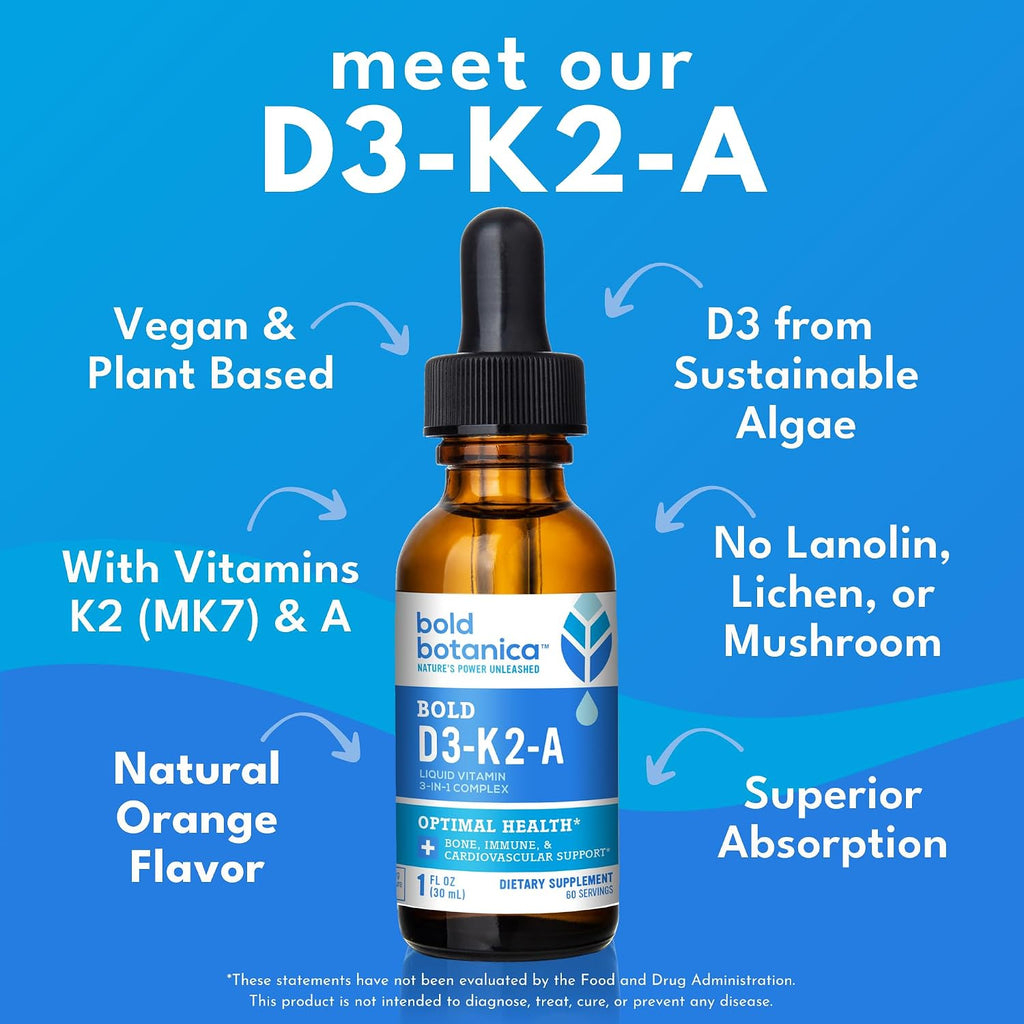 Bold Botanica Vitamina D3 K2 A Gotas Veganas - 2500 UI, 30 ml, 60 dosis