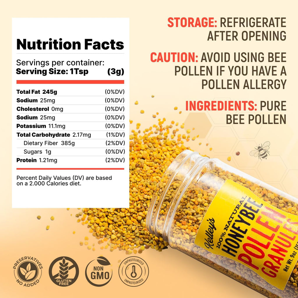 Polen de Abeja de Kelley's, 255 g – Gránulos de Polen Crudo 100% Puro, Certificado GO TEXAN – Vitaminas, Enzimas, Aminoácidos y Proteínas Naturales – Sin Gluten, No GMO, Paleo y Keto Friendly