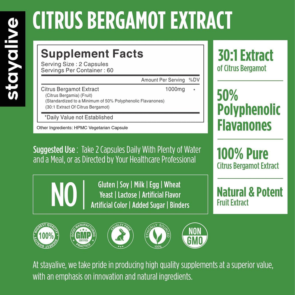 Cápsulas de Citrus Bergamot 1000mg - 30:1 Super Extracto con 50% Flavanones Polifenólicos - 120 Cápsulas para Mujeres y Hombres | No OGM, Sin Gluten