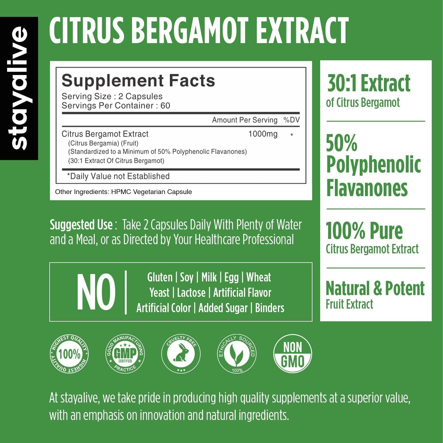Cápsulas de Citrus Bergamot 1000mg - 30:1 Super Extracto con 50% Flavanones Polifenólicos - 120 Cápsulas para Mujeres y Hombres | No OGM, Sin Gluten