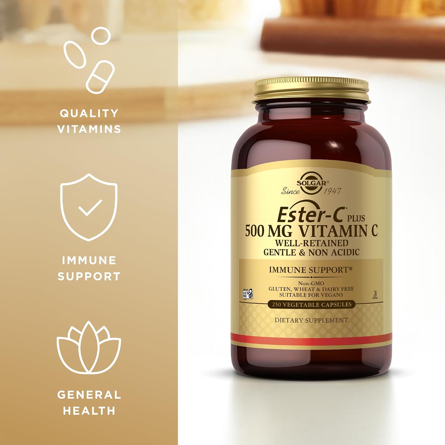 Solgar Ester-C Plus 500 mg Vitamina C (Complejo de Ascorbato) - 250 Cápsulas Vegetales - Suave y No Ácido - Apoyo Antioxidante e Inmunológico - No Transgénico, Vegano, Sin Gluten, Kosher - 250 Dosis