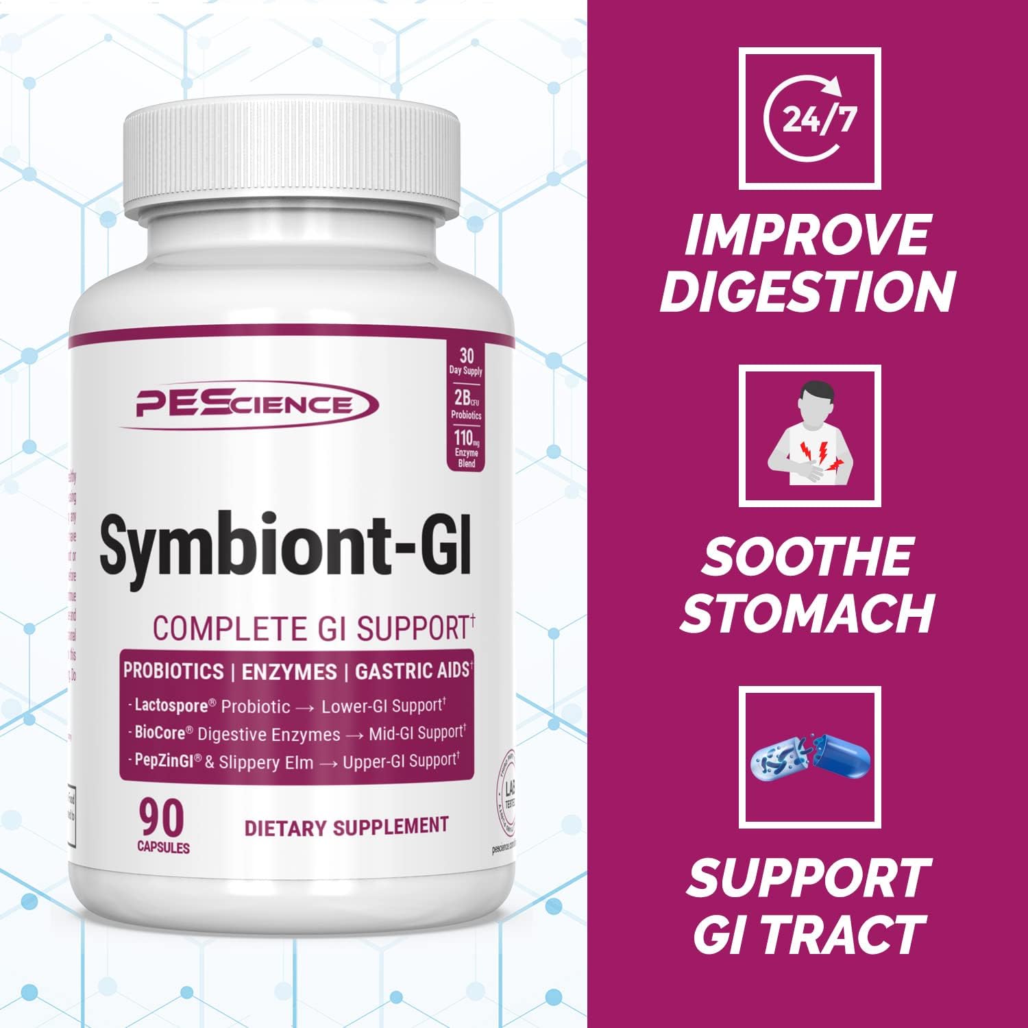 PEScience Symbiont-GI Cápsulas para la Salud Digestiva con Probiótico y Enzimas, 90 Cápsulas