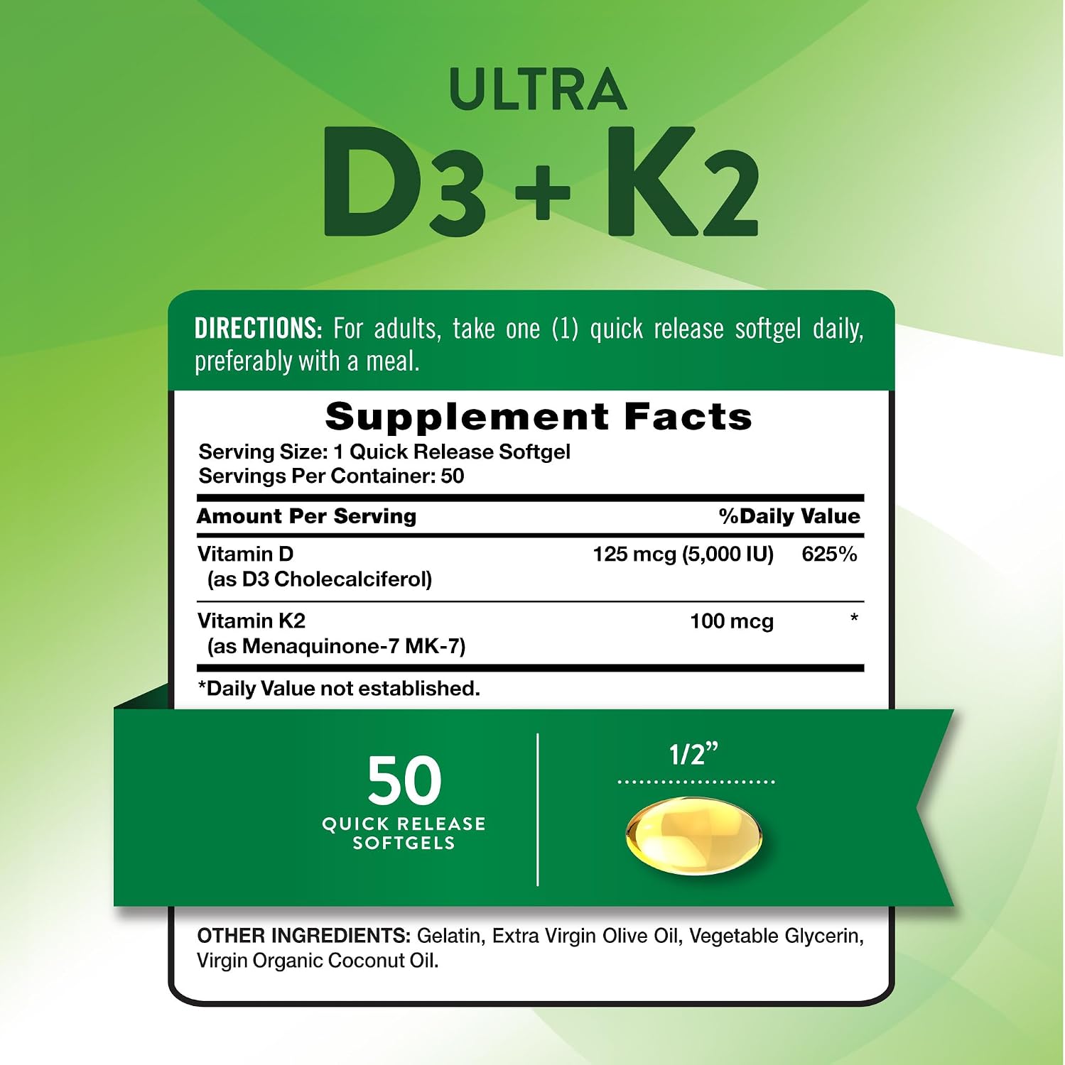 Complejo de Vitamina K2 MK7 con D3 | 100 mcg | 50 Cápsulas Blandas | Nature's Truth