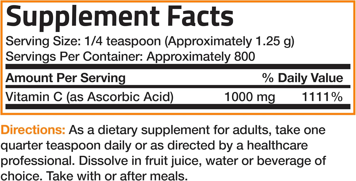 Bronson Vitamina C en Polvo - Ácido Ascórbico Puro No Transgénico - 1 kg