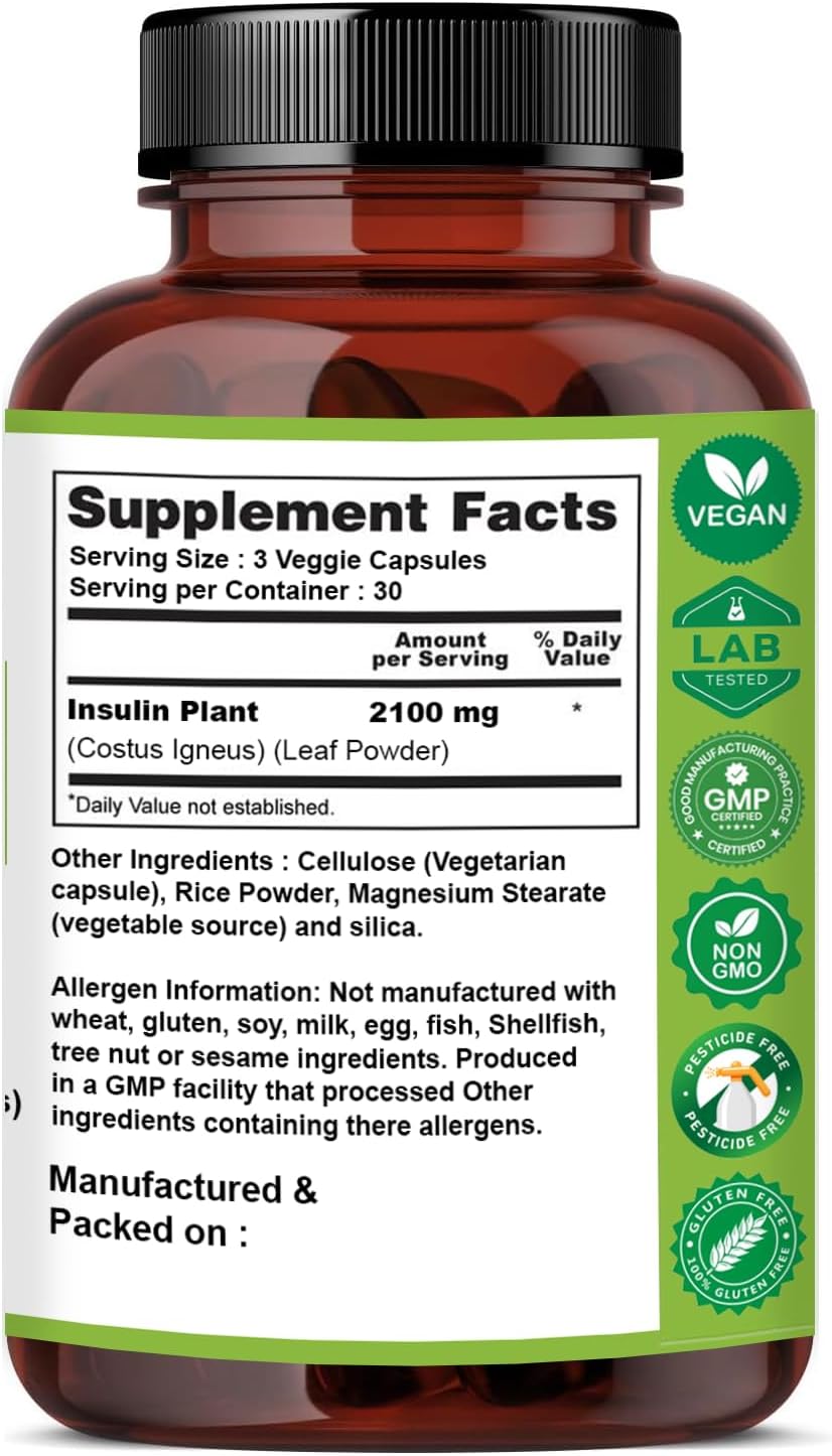 Naturfi Organic Cápsulas de Planta de Insulina (Costus Igneus), USDA Orgánico | Suplemento 100% Natural, 90 Cápsulas Vegetales (1 Mes)