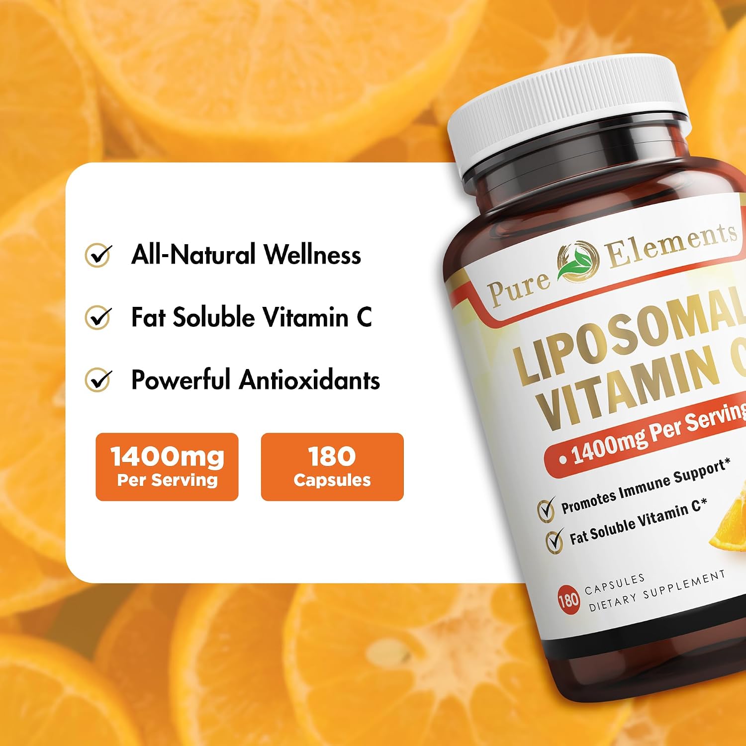 Pure Organic Elements Vitamina C Liposomal - 180 Cápsulas con 1400 mg de Ácido Ascórbico