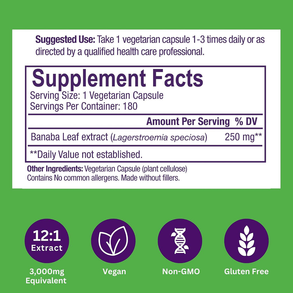 Paradise Herbs, Banaba Leaf, 12:1 Concentrated Extract, 250 mg, 180 Cápsulas