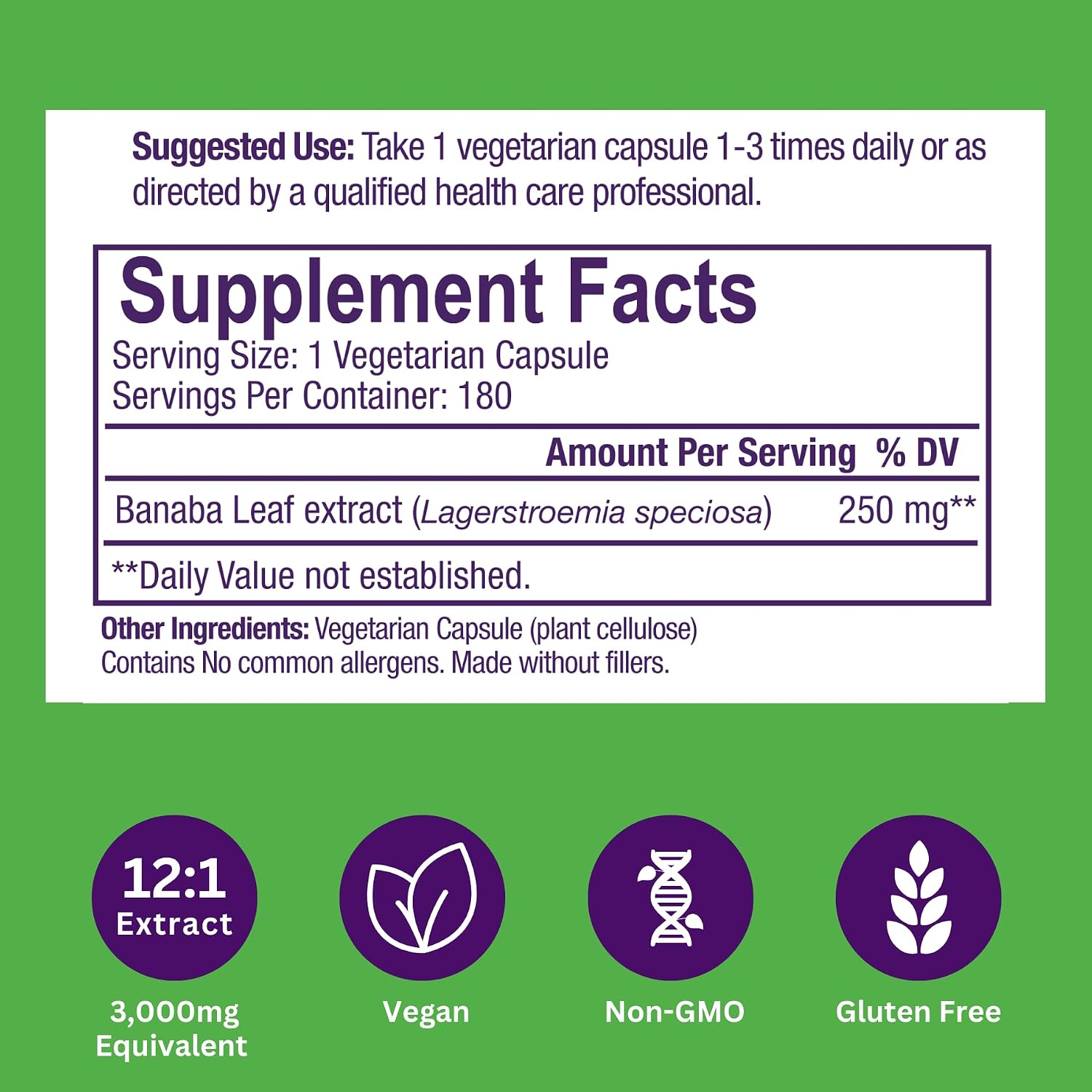 Paradise Herbs, Banaba Leaf, 12:1 Concentrated Extract, 250 mg, 180 Cápsulas