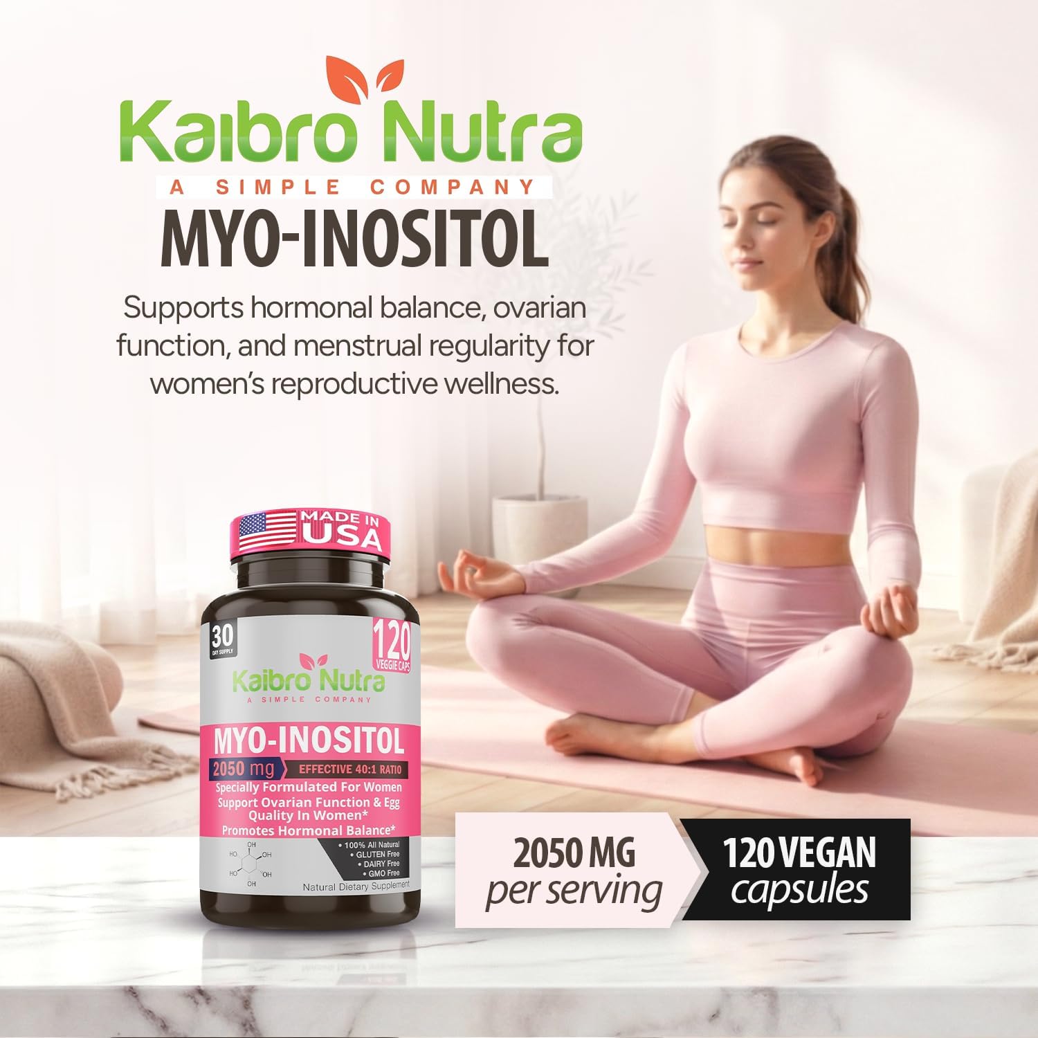 Kaibro Nutra Myo-Inositol con D-Chiro Inositol 40:1, 2050mg, Cápsulas Veganas, 120 Unidades