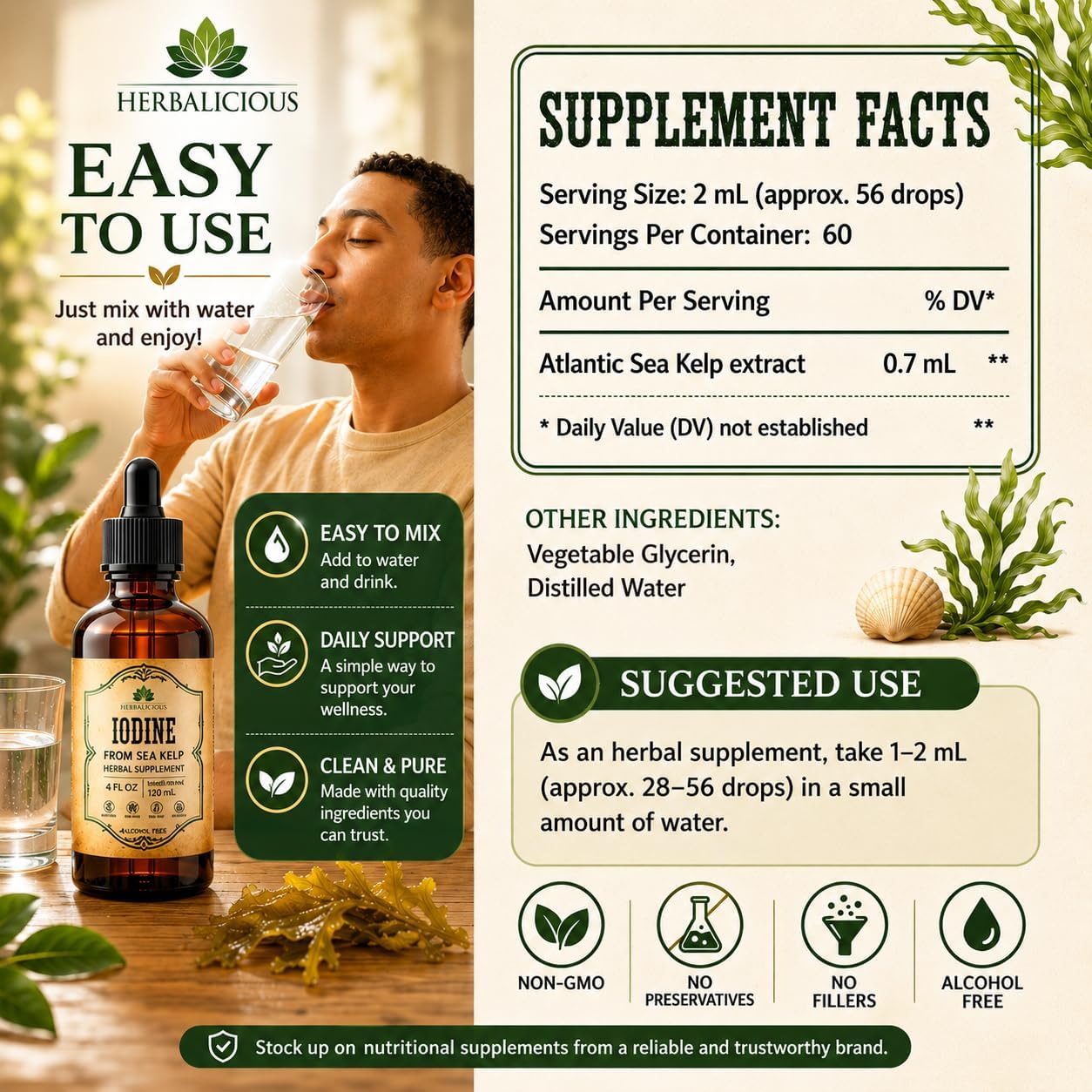 HERBALICIOUS Gotas de Yodo – Yodo Natural de Alga Kelp – Suplemento para Tiroides, Energía, Digestión y Defensas – Fórmula Orgánica No-GMO – 118 ml
