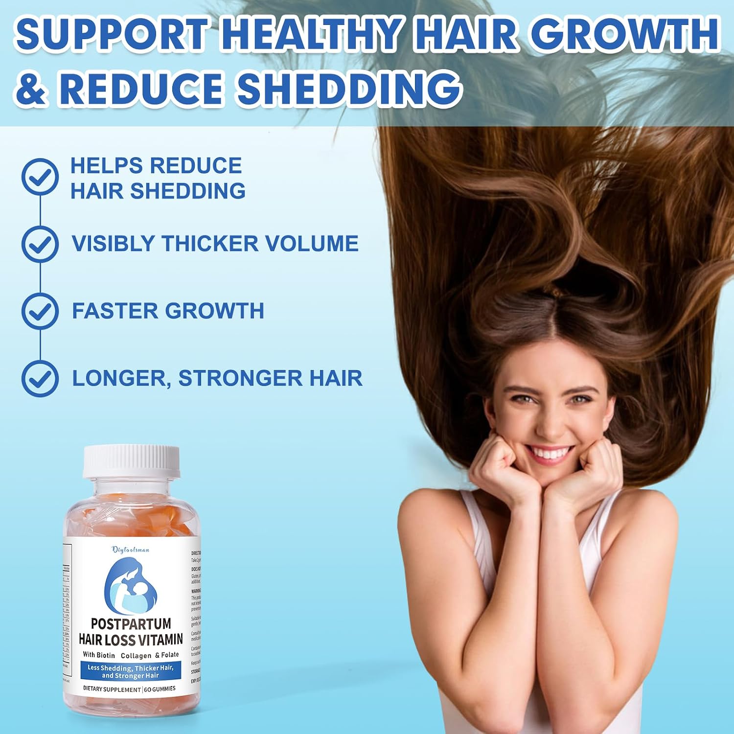 Vitaminas para la caída del cabello postparto, Gominolas veganas con biotina, colágeno y folato, 60 gominolas