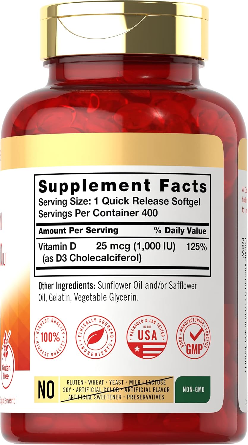 Carlyle Vitamina D3 1000IU | 25 mcg | 400 Cápsulas Blandas | Alta Potencia | No-GMO y Sin Gluten