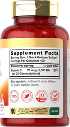 Carlyle Vitamina D3 1000IU | 25 mcg | 400 Cápsulas Blandas | Alta Potencia | No-GMO y Sin Gluten