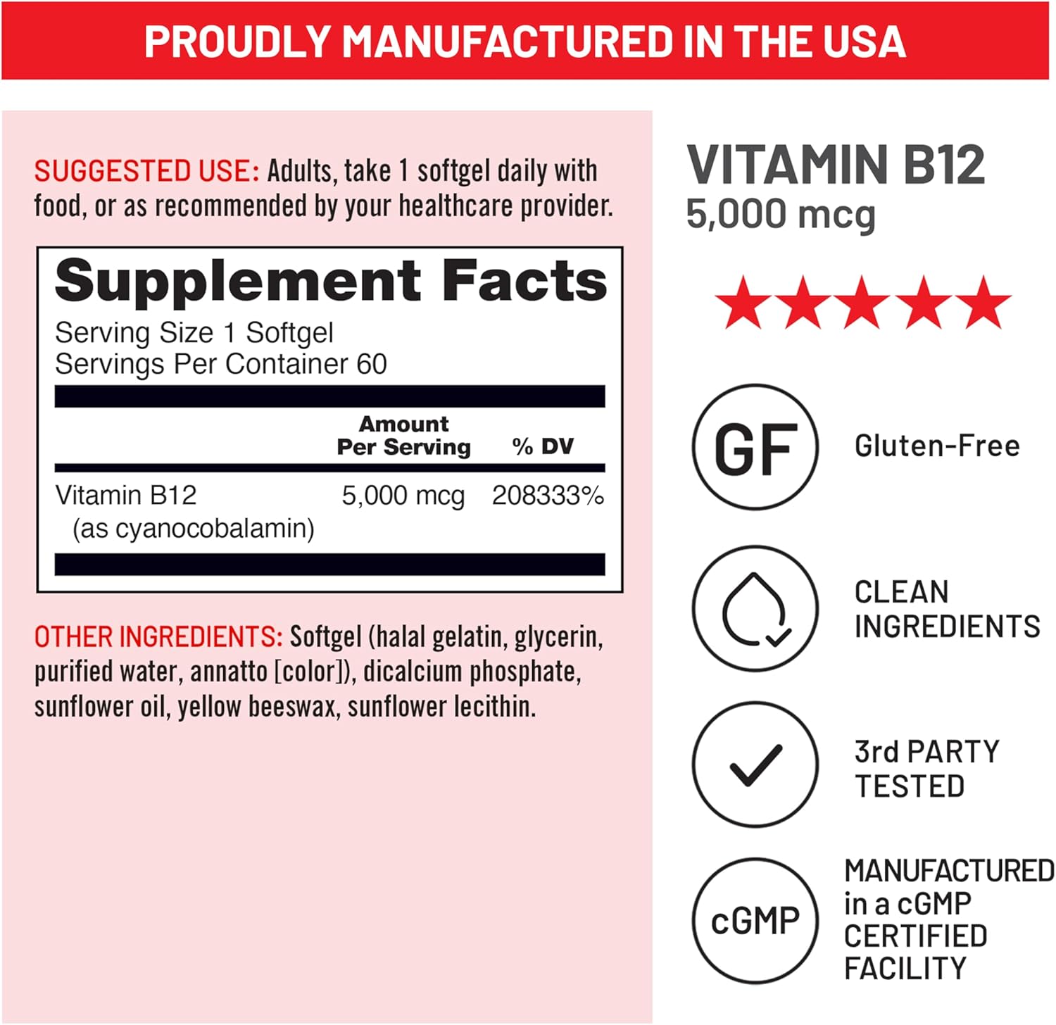 NatureWise Vitamina B12 5000 mcg - Fórmula Extra Fuerte - Complemento para Apoyar los Niveles de Energía, Claridad Mental, Salud del Sistema Nervioso - Fácil de Tragar, Sin Soja ni Gluten, No GMO - 60 Cápsulas Blandas