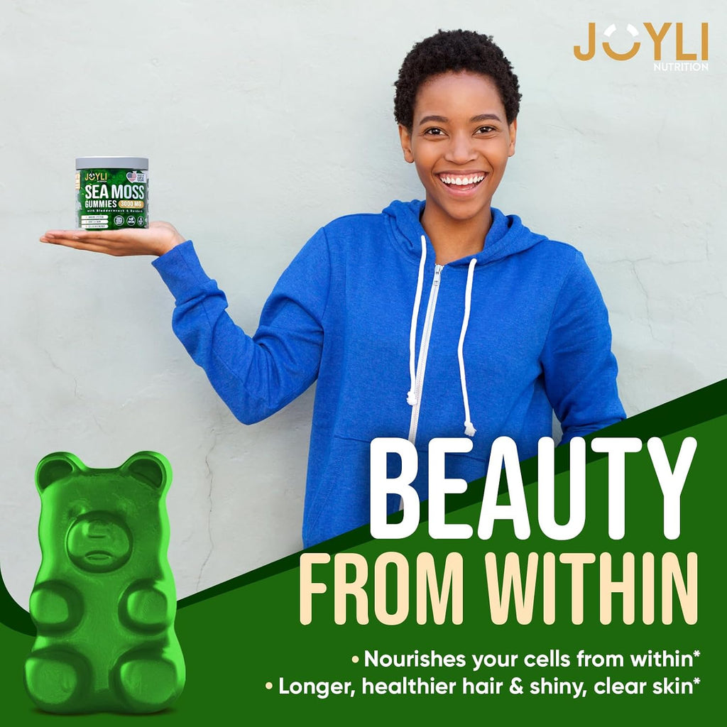 JOYLI Nutrition - Gominolas de Sea Moss para Adultos y Niños – Suplemento Vegano con Bladderwrack y Burdock Root – Sin Azúcar – 2 Paquetes de 60 Gominolas