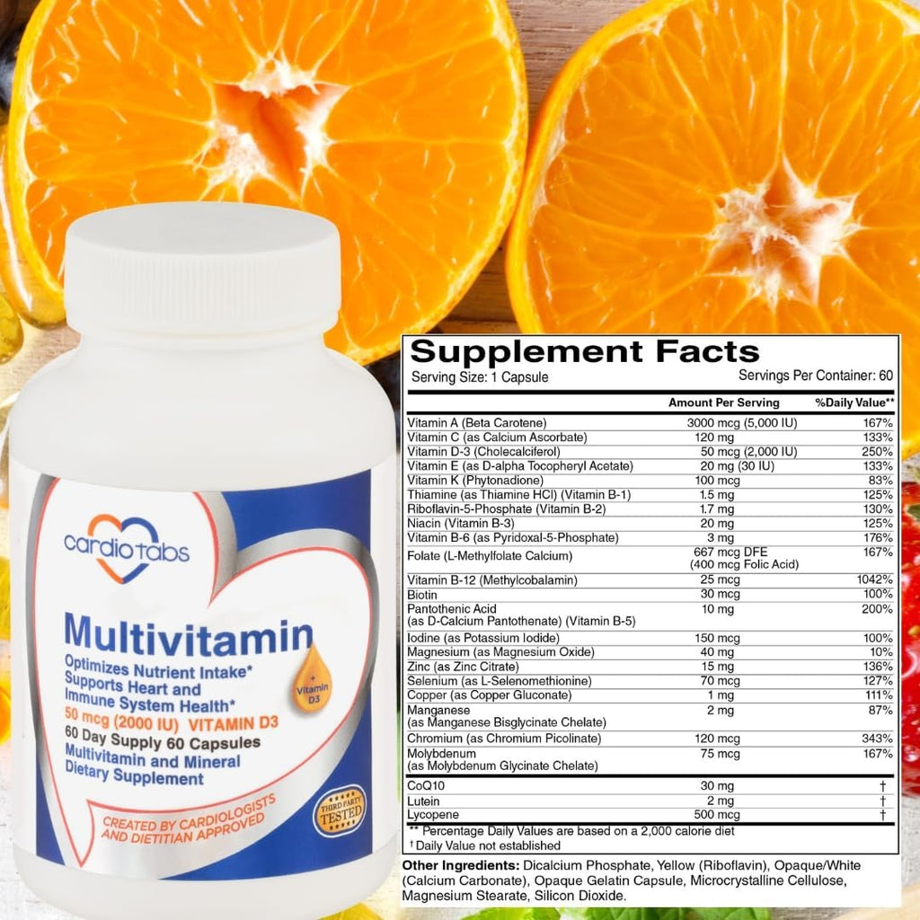 CardioTabs Multivitamínico - Complejo de Vitaminas y Minerales con CoQ10, Luteína y Licopeno, 60 Cápsulas