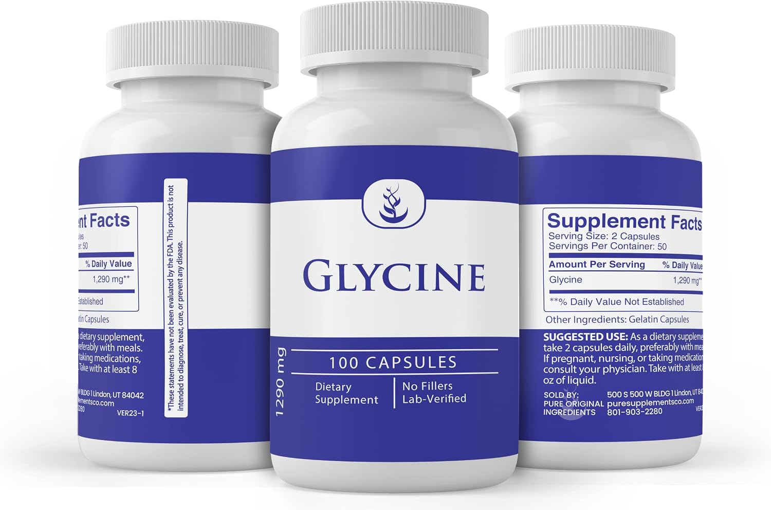 PURE ORIGINAL INGREDIENTS Glycine - 100 Cápsulas - Puro, Sin Aditivos ni Rellenos, Verificado en Laboratorio