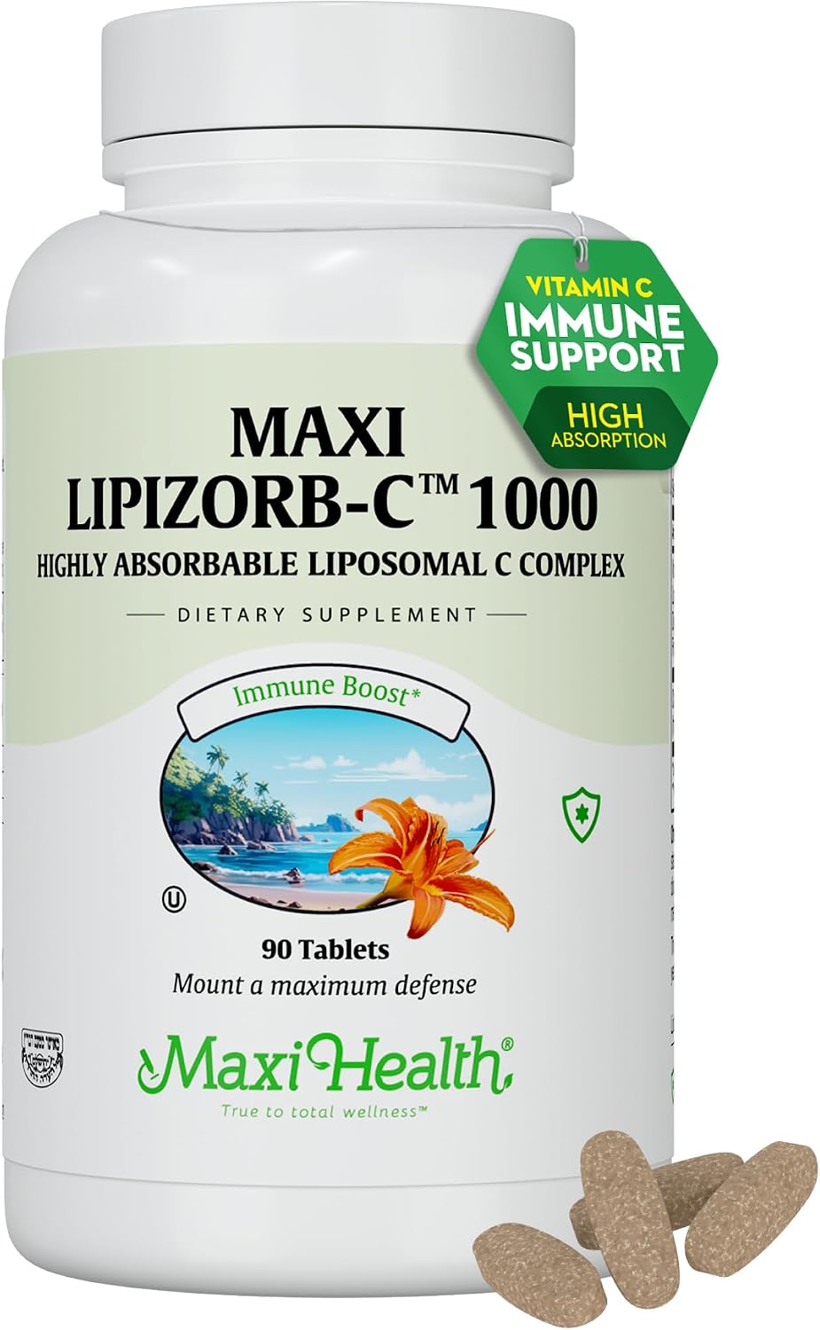 Maxi Health Lipizorb-C Vitamina C Liposomal 1000 mg – 90 Comprimidos – Suave para el Estómago con Quercetina y Jengibre – Vegano