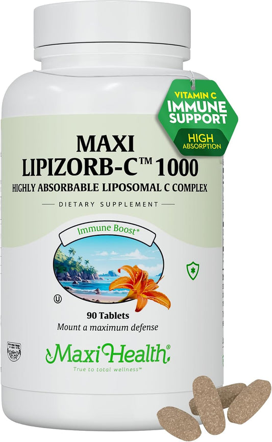 Maxi Health Lipizorb-C Vitamina C Liposomal 1000 mg – 90 Comprimidos – Suave para el Estómago con Quercetina y Jengibre – Vegano