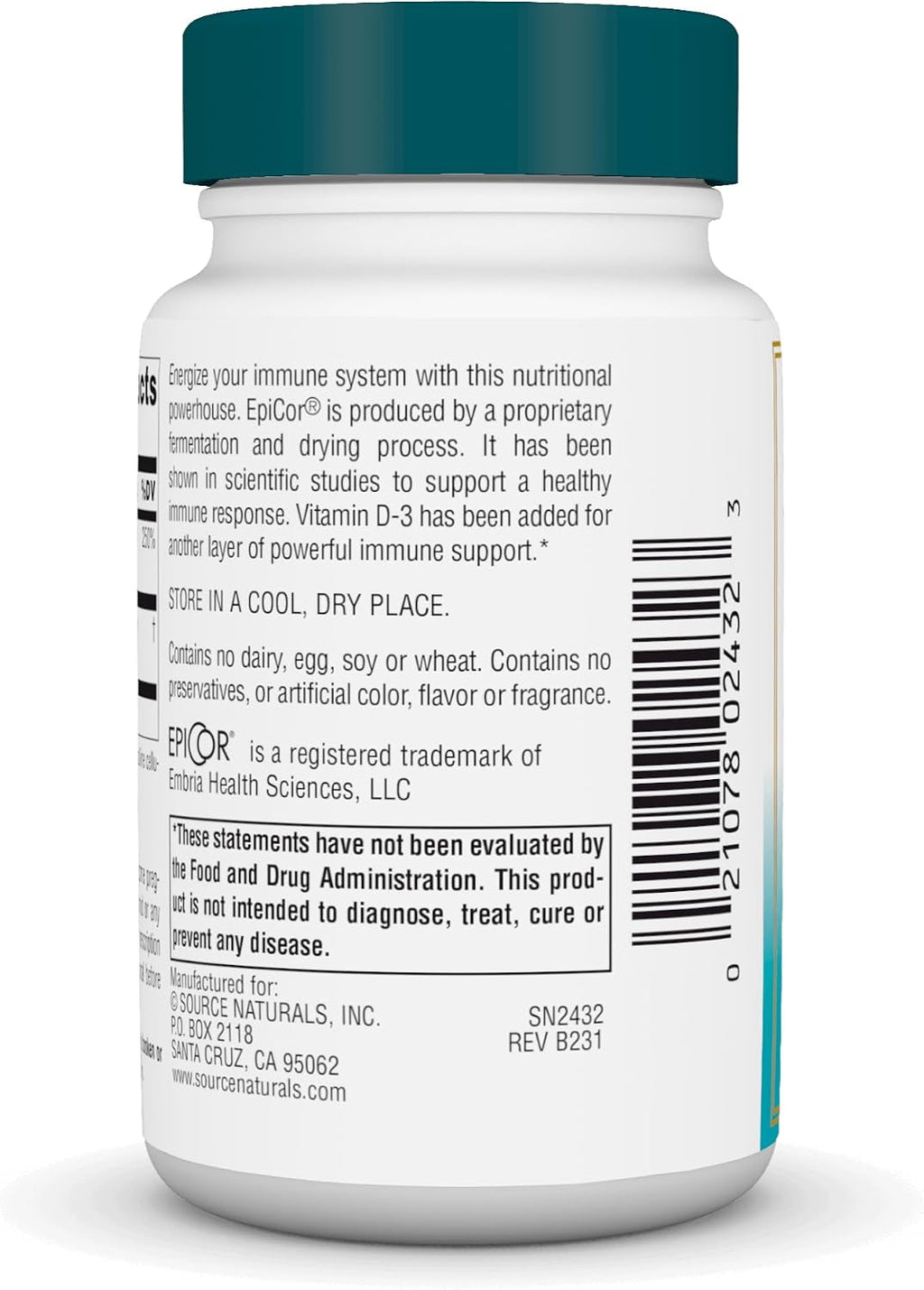 Source Naturals Wellness EpiCor con vitamina D3 - 30 cápsulas