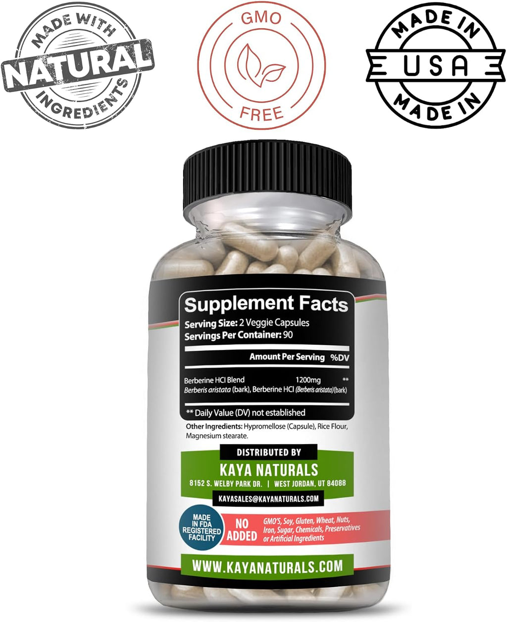 Kaya Naturals Berberina HCL 1200 mg - 180 Cápsulas Vegetarianas