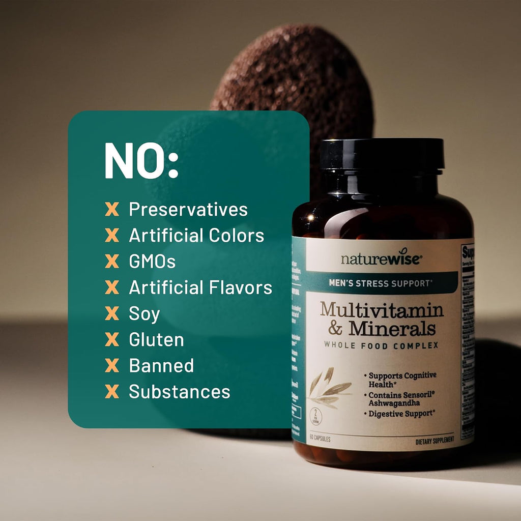 NatureWise Multivitamínico para Hombres + Apoyo Anti Estrés + Minerales Iónicos Fúlvicos + Probióticos - 60 Cápsulas (1 Mes)