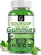 Gominolas Orgánicas de Soursop Graviola - 2200mg Extracto de Hojas de Soursop con Musgo Marino, Zinc y Vitamina C - 60 Gominolas