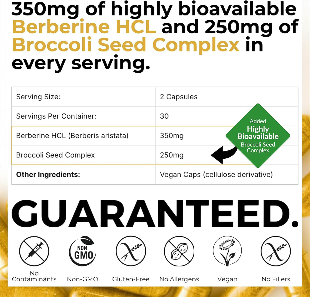 BerbElite - Berberina HCL con Complejo de Semillas de Brócoli, 350mg, 60 Cápsulas Veganas