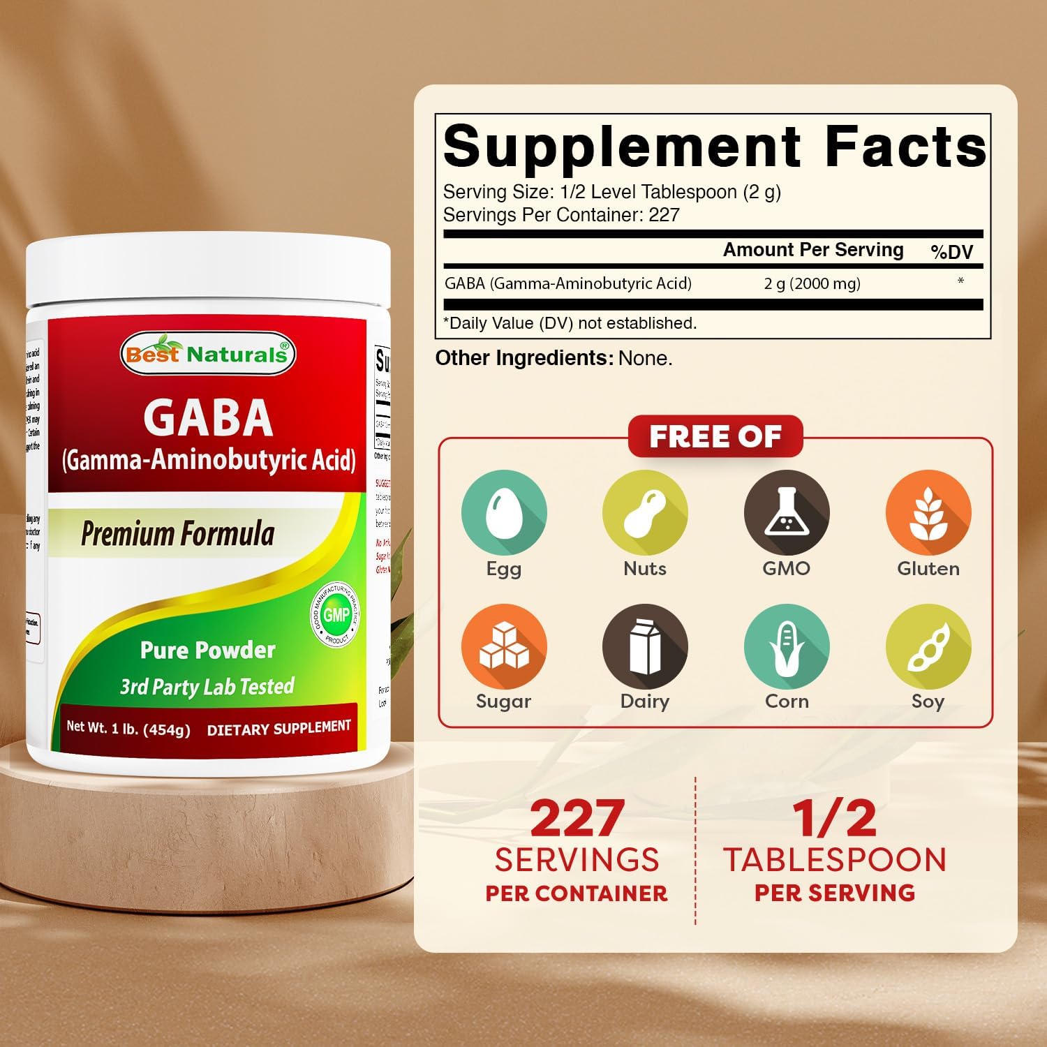 Best Naturals GABA (Gamma-Aminobutírico) Polvo Puro 1 Libra (454 g)