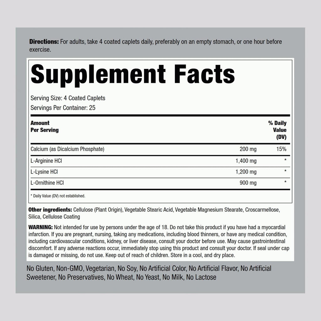 Piping Rock Tri Amino Complex con L-arginina, L-ornitina, L-lisina | 100 comprimidos