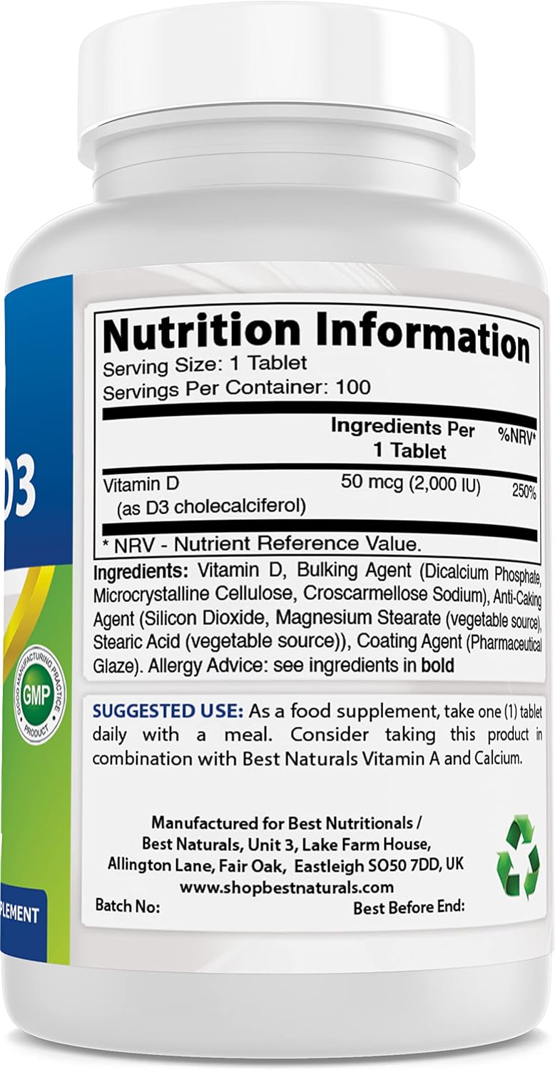 Best Naturals Vitamina D3 2000 UI - 100 Comprimidos