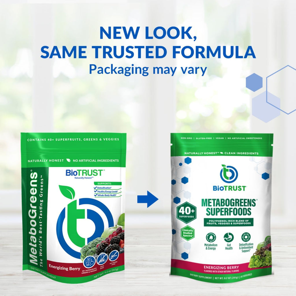 BioTrust Metabo Greens Superfood Powder - Mezcla de Super Greens con Frutas y Verduras, Sabor Berry Energizante (30 Porciones)
