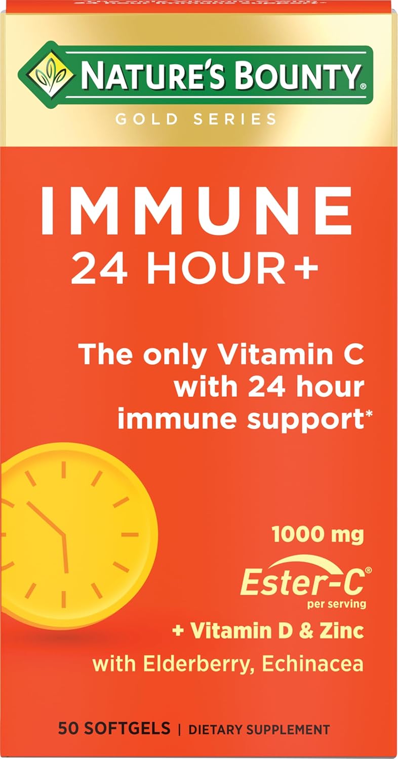 Nature's Bounty Immune 24 Hour +, Vitamina C con Ester-C, 1000 mg, Vitamina D y Zinc, Cápsulas Blandas, 50 Unidades