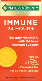 Nature's Bounty Immune 24 Hour +, Vitamina C con Ester-C, 1000 mg, Vitamina D y Zinc, Cápsulas Blandas, 50 Unidades