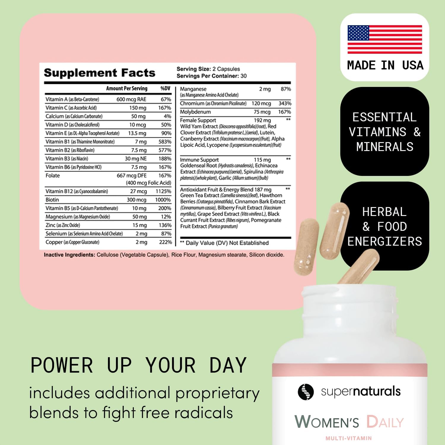 Super Naturals Health, Multivitamínico para Mujeres, Complemento de Defensa Inmunológica, Cápsulas Veganas - 60 Cápsulas