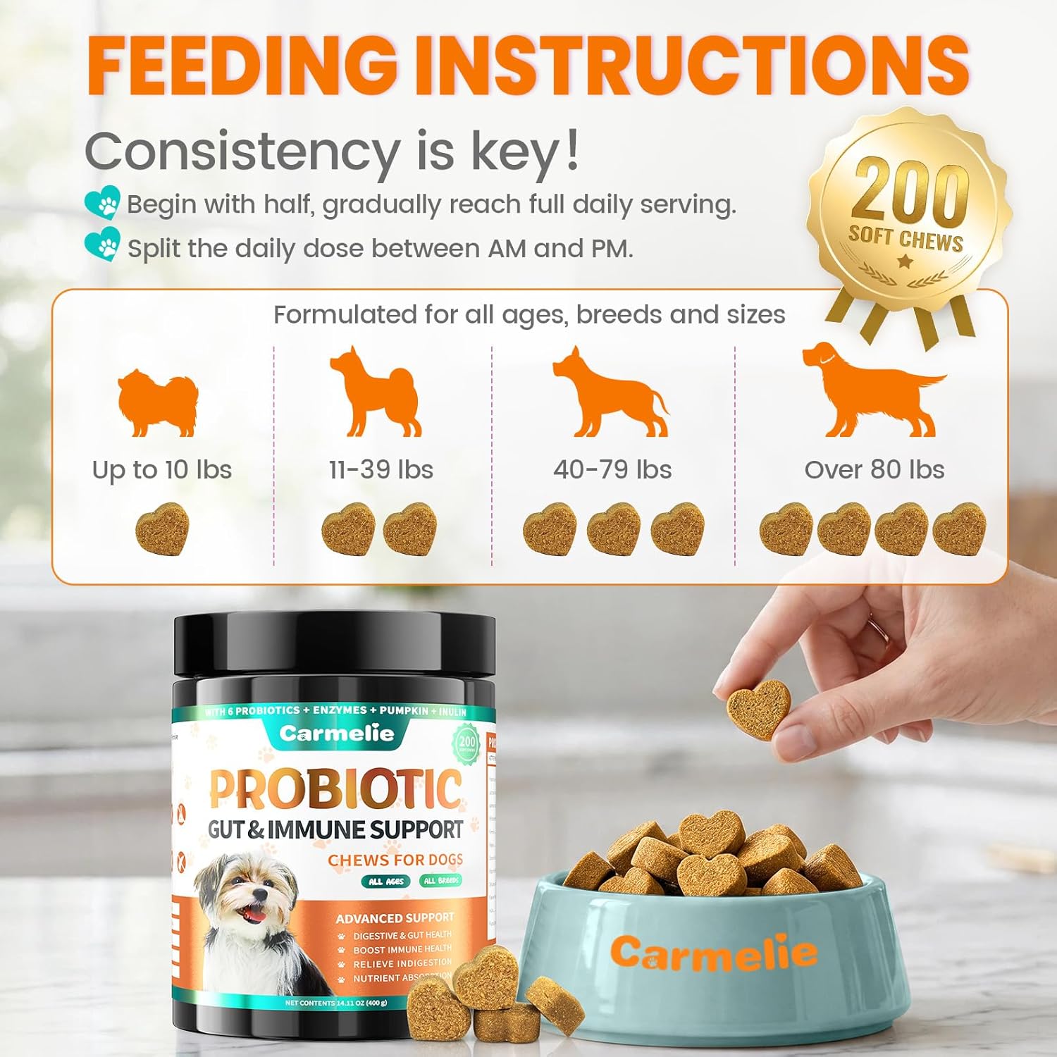 Probióticos para Perros Carmelie - Masticables con Enzimas Digestivas y Prebióticos (Pollo, 200 uds)